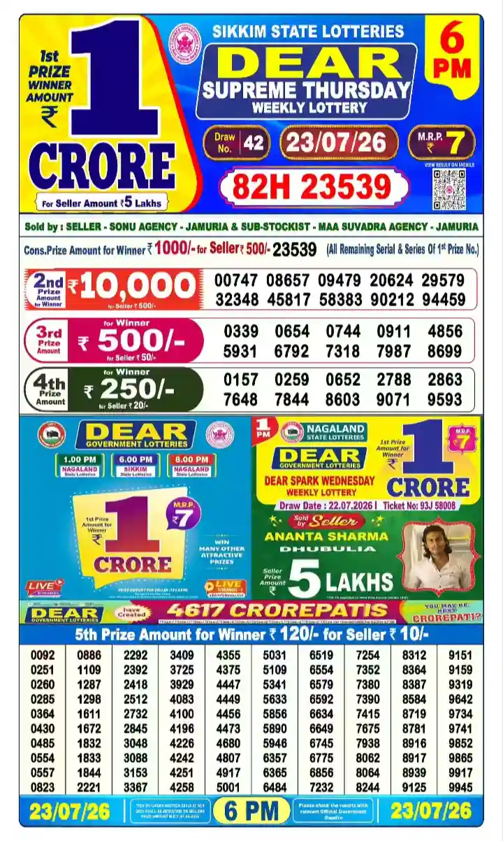 Lottery Sambad Result Today 6:00 PM 23/07/2026