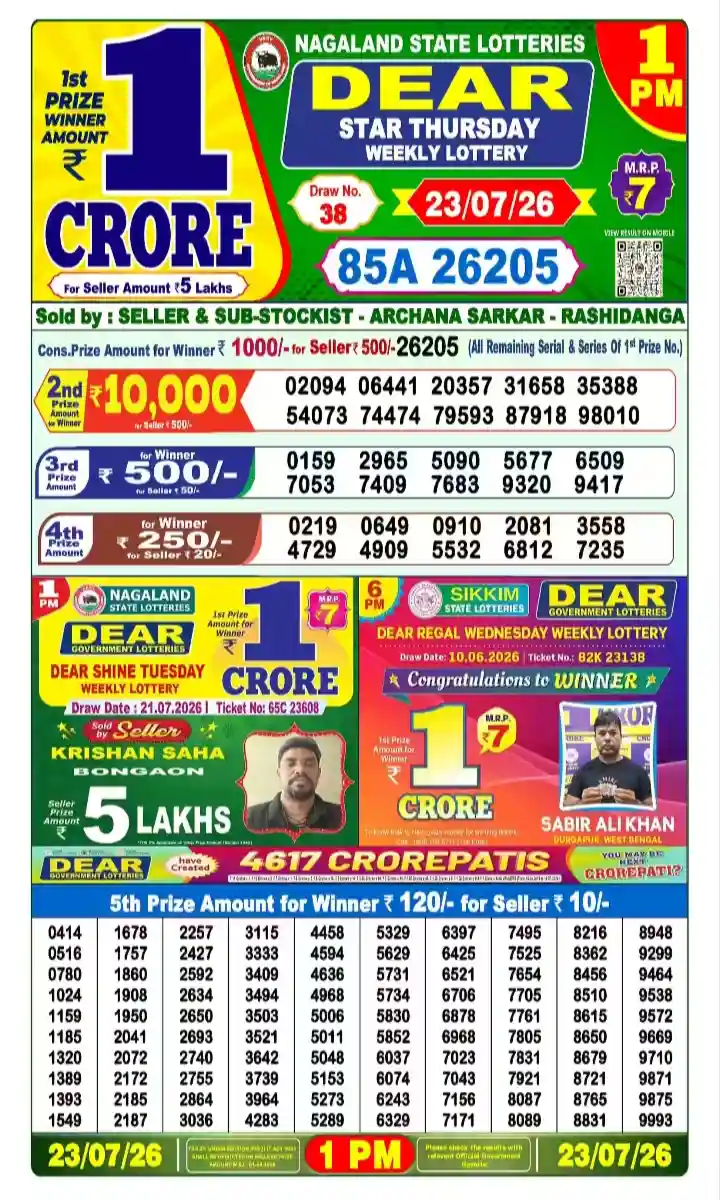 Lottery Sambad Result Today 1:00 PM 23/07/2026
